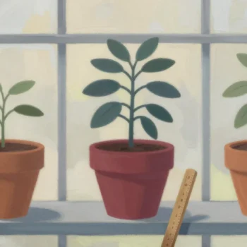 Gouache painting of three potted seedlings on a greenhouse shelf, the middle one in a deep vermilion pot and slightly taller, with a wooden ruler leaning at the front