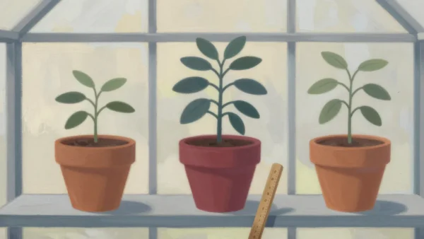 Gouache painting of three potted seedlings on a greenhouse shelf, the middle one in a deep vermilion pot and slightly taller, with a wooden ruler leaning at the front