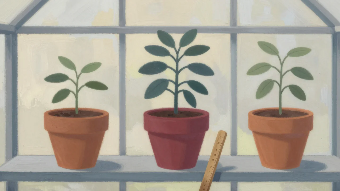 Gouache painting of three potted seedlings on a greenhouse shelf, the middle one in a deep vermilion pot and slightly taller, with a wooden ruler leaning at the front