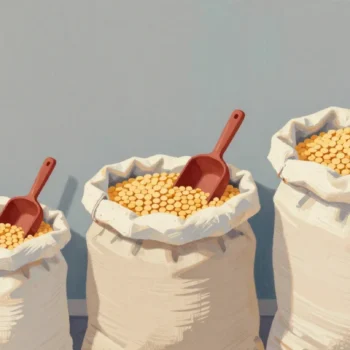 Gouache painting of three sacks of lentils in three sizes, each with a vermilion scoop
