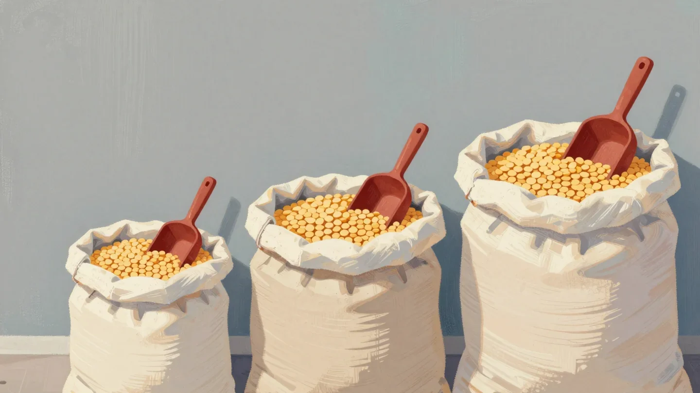 Gouache painting of three sacks of lentils in three sizes, each with a vermilion scoop