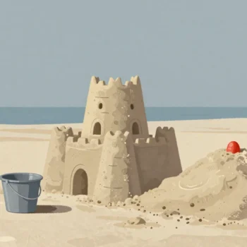 Gouache painting of a tiny sand bucket and a giant red sandcastle mold on a beach with different sized castles
