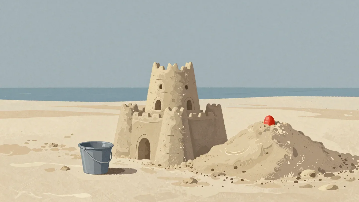 Gouache painting of a tiny sand bucket and a giant red sandcastle mold on a beach with different sized castles