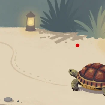 Gouache painting of a tortoise leaving a long winding trail in the sand with a small vermilion dot nearby