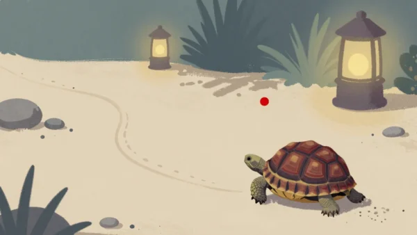 Gouache painting of a tortoise leaving a long winding trail in the sand with a small vermilion dot nearby