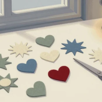 Gouache painting of felt cutouts of hearts, stars and suns on a table, with one heart vermilion
