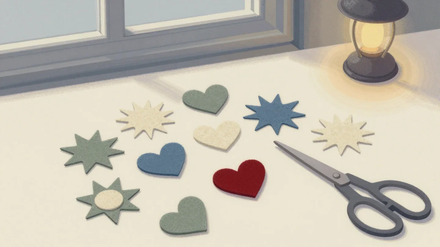 Gouache painting of felt cutouts of hearts, stars and suns on a table, with one heart vermilion