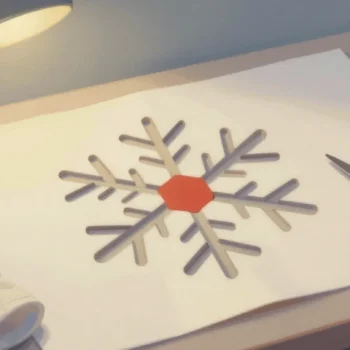Gouache painting of a snowflake-shaped cutout with a vermilion centre on cloth beside shears on a sewing table