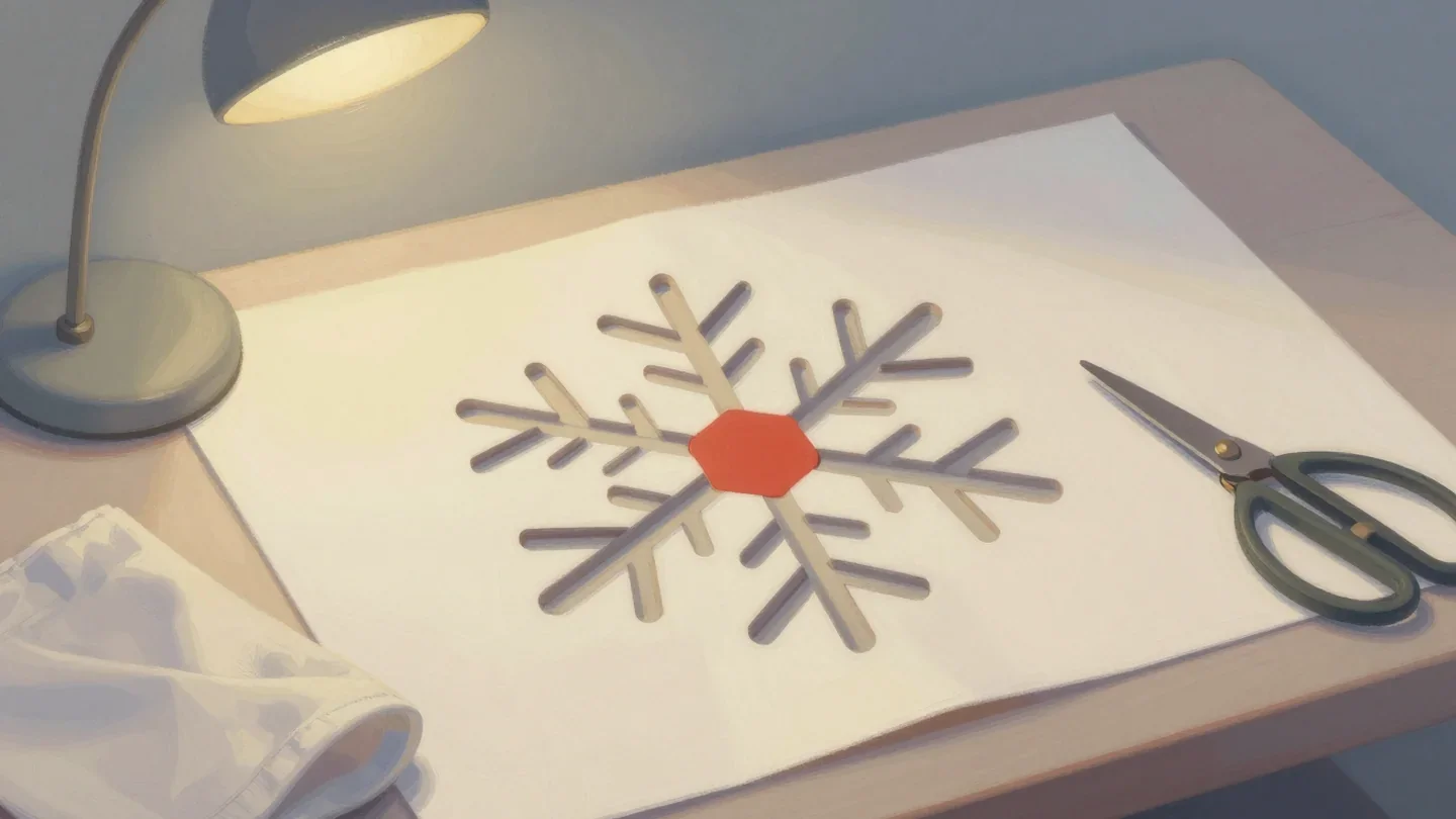 Gouache painting of a snowflake-shaped cutout with a vermilion centre on cloth beside shears on a sewing table