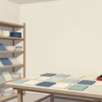 Gouache painting of a crowded shelf of tiles and a spacious table with tiles in neat rows and a vermilion tray
