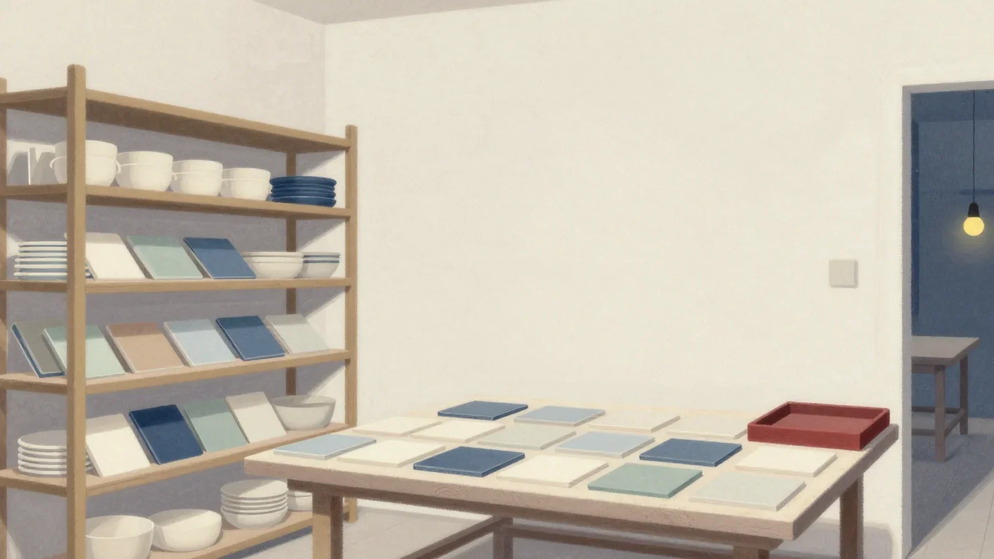 Gouache painting of a crowded shelf of tiles and a spacious table with tiles in neat rows and a vermilion tray
