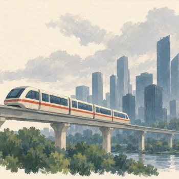 Gouache painting of a small cream monorail train on a raised track past blue skyscraper silhouettes, with one vermilion stripe along the train.