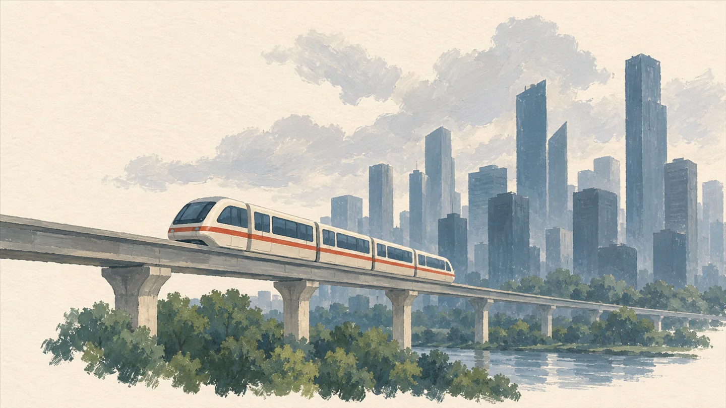 Gouache painting of a small cream monorail train on a raised track past blue skyscraper silhouettes, with one vermilion stripe along the train.