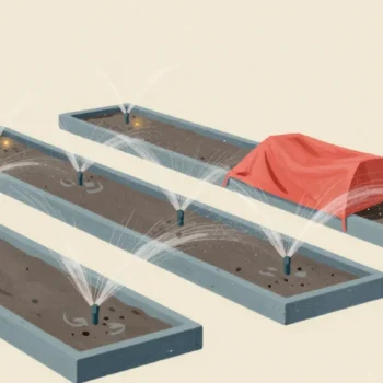 Gouache painting of a row of watered garden beds with one bed covered by a vermilion tarp