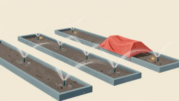 Gouache painting of a row of watered garden beds with one bed covered by a vermilion tarp