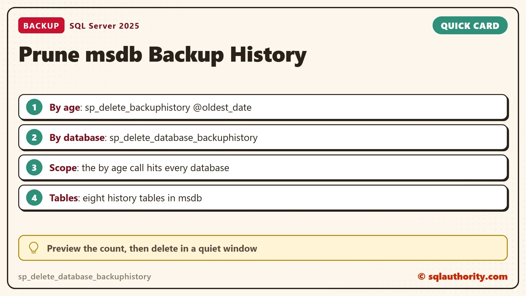 Quick card titled Prune msdb Backup History: By age: sp_delete_backuphistory @oldest_date. By database: sp_delete_database_backuphistory. Scope: the by age call hits every database. Tables: eight history tables in msdb. Tip: Preview the count, then delete in a quiet window.