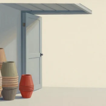 Gouache painting of a garage half full of stacked flower pots and half cleared, one stack vermilion