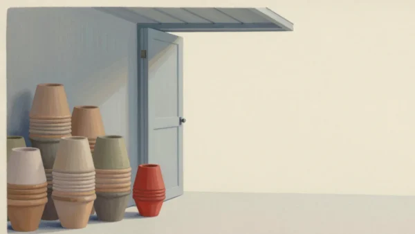 Gouache painting of a garage half full of stacked flower pots and half cleared, one stack vermilion