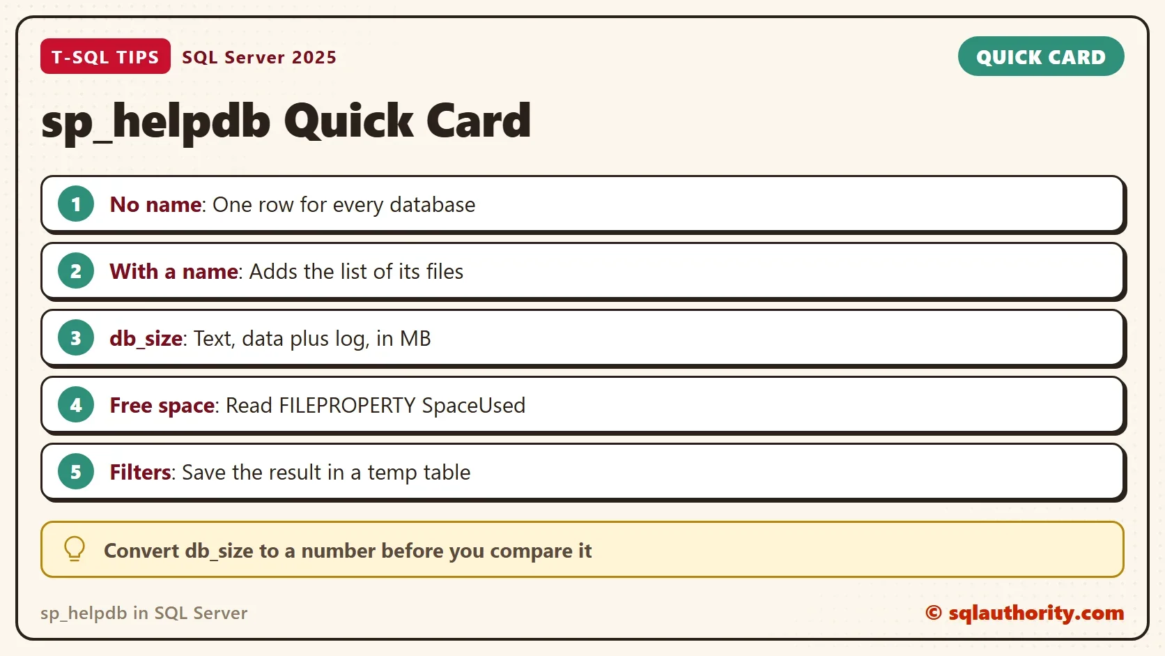 Quick card titled sp_helpdb Quick Card: No name: One row for every database. With a name: Adds the list of its files. db_size: Text, data plus log, in MB. Free space: Read FILEPROPERTY SpaceUsed. Filters: Save the result in a temp table. Convert db_size to a number before you compare it.