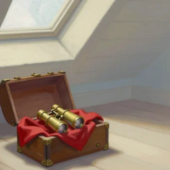 Gouache painting of an open old trunk with brass binoculars resting on a vermilion cloth