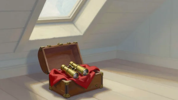 Gouache painting of an open old trunk with brass binoculars resting on a vermilion cloth