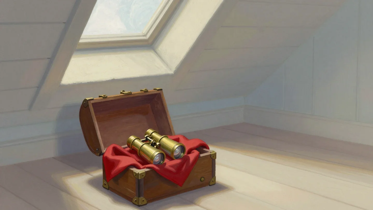 Gouache painting of an open old trunk with brass binoculars resting on a vermilion cloth