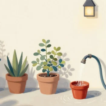 Gouache painting of a hose watering a vermilion pot beside three potted plants against a pale wall