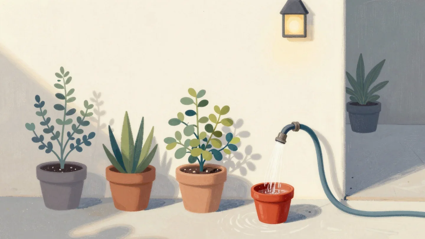 Gouache painting of a hose watering a vermilion pot beside three potted plants against a pale wall