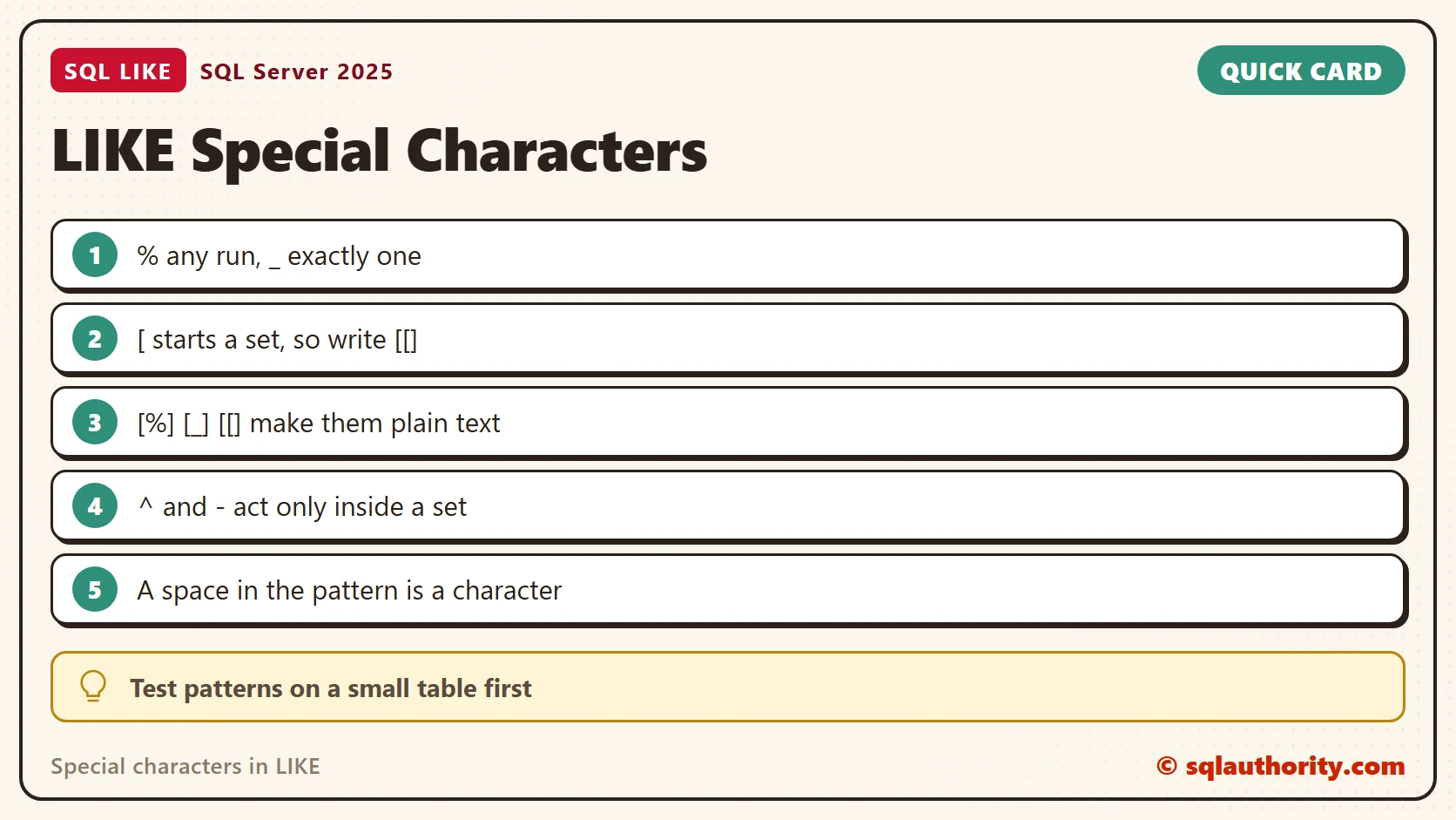 Quick reference card: LIKE Special Characters