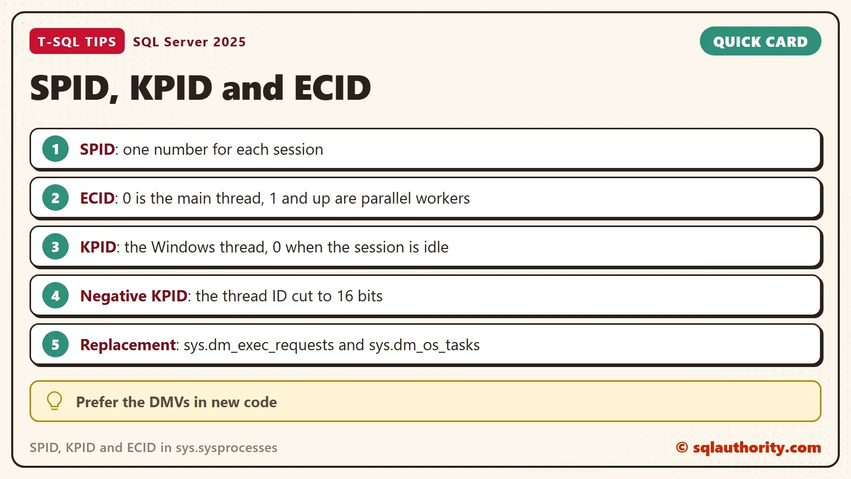 Quick card titled SPID, KPID and ECID: SPID: one number for each session; ECID: 0 is the main thread, 1 and up are parallel workers; KPID: the Windows thread, 0 when the session is idle; Negative KPID: the thread ID cut to 16 bits; Replacement: sys.dm_exec_requests and sys.dm_os_tasks. Tip: Prefer the DMVs in new code