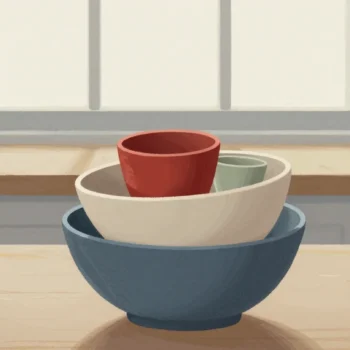 Gouache painting of a wide slate blue bowl holding a cream bowl and several tiny cups, one cup vermilion