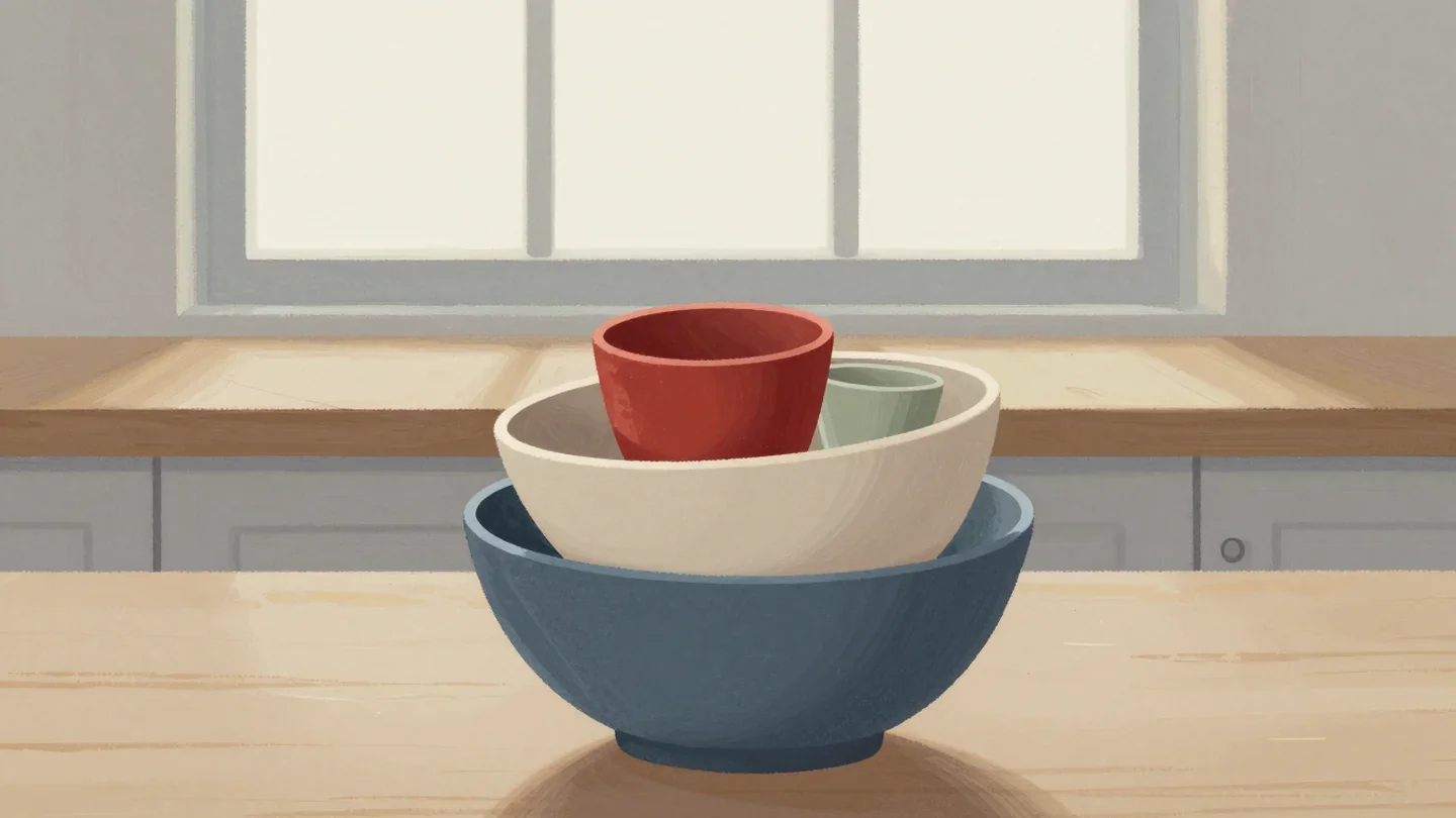 Gouache painting of a wide slate blue bowl holding a cream bowl and several tiny cups, one cup vermilion
