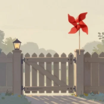 Gouache painting of a shut garden gate with a vermilion pinwheel spinning impatiently in front of it