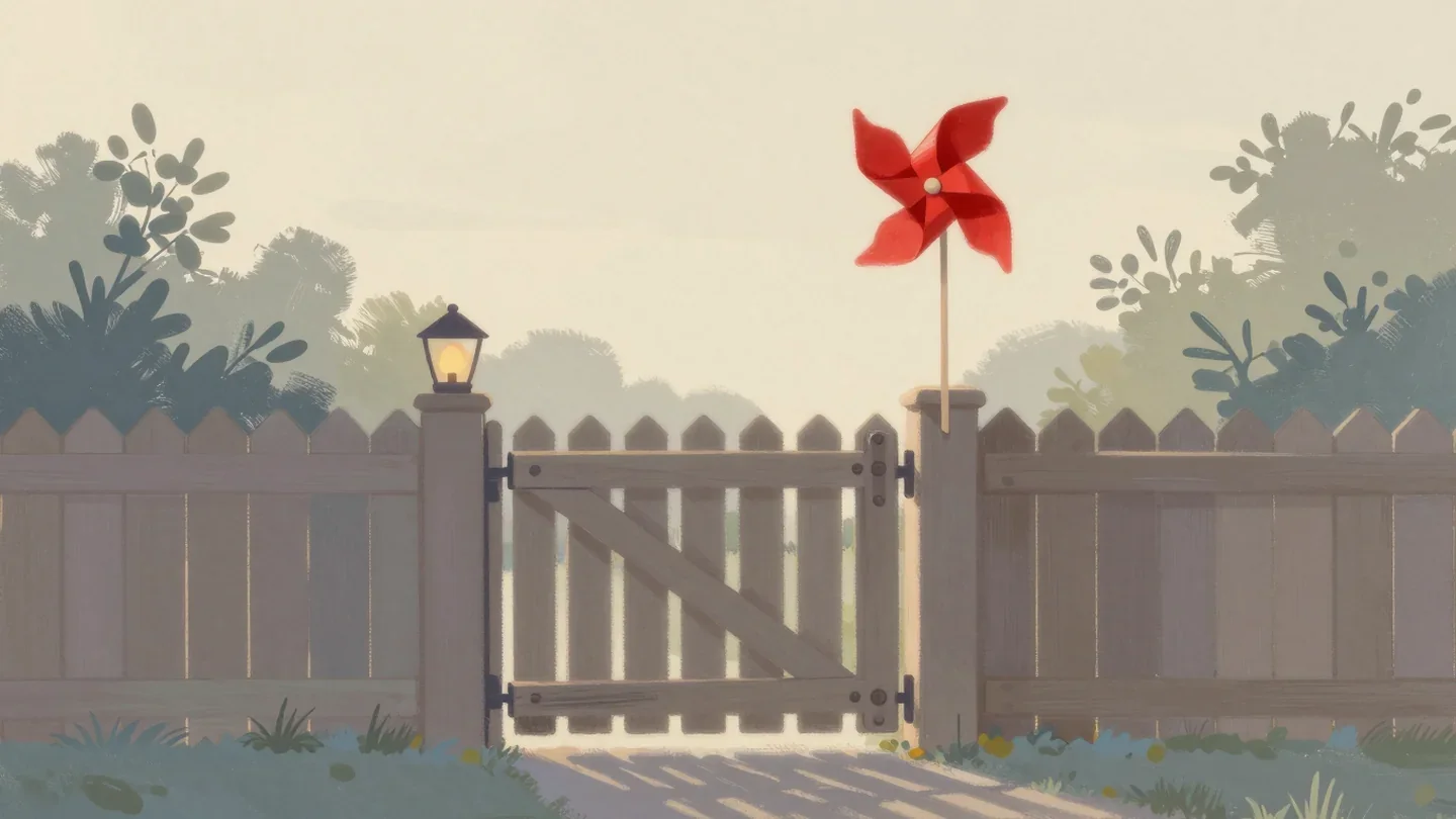Gouache painting of a shut garden gate with a vermilion pinwheel spinning impatiently in front of it