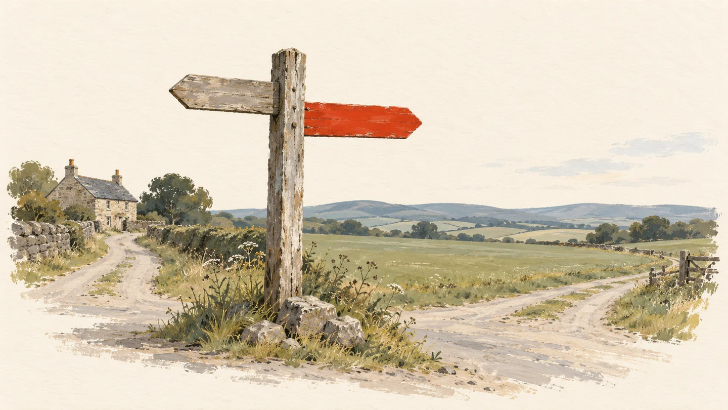 Gouache painting of a weathered wooden fingerpost at a crossroads, its vermilion arm pointing at an empty field while a small stone cottage stands in the other direction