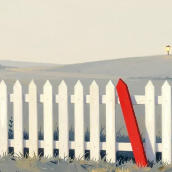 Gouache painting of a picket fence in a meadow with one vermilion picket leaning the opposite way
