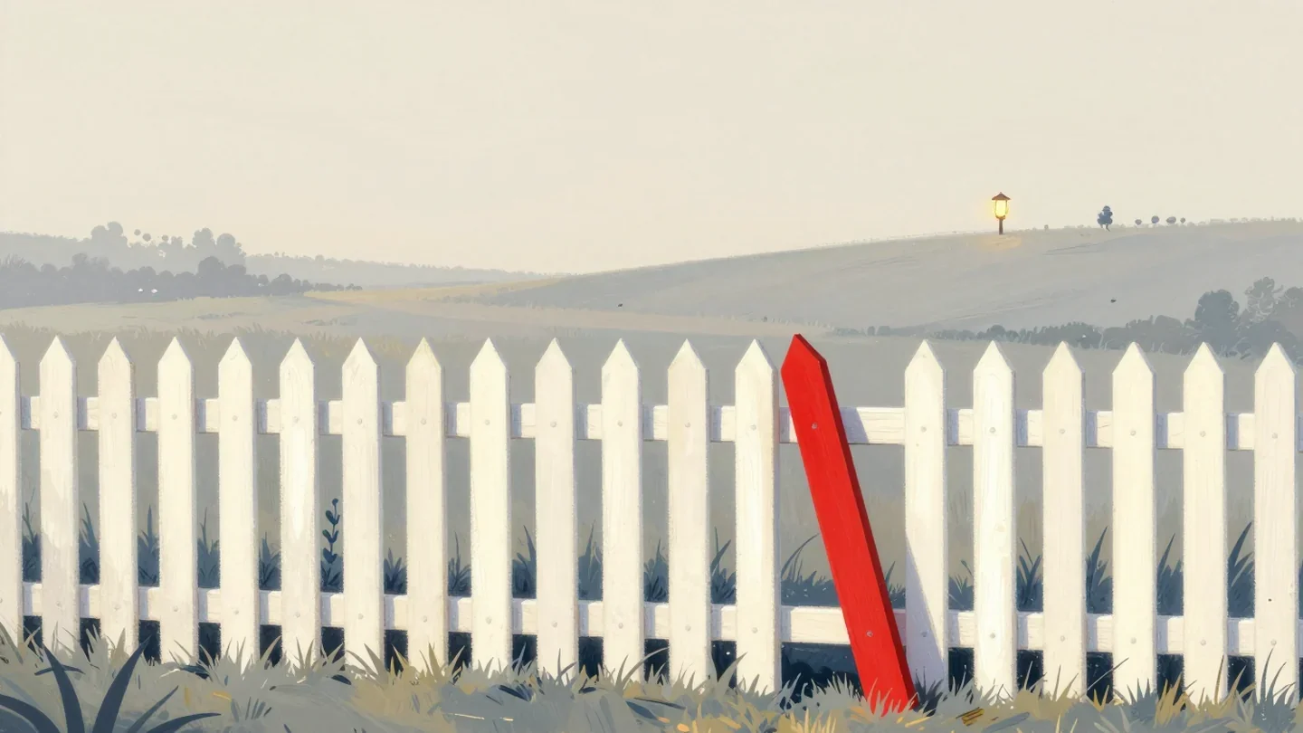 Gouache painting of a picket fence in a meadow with one vermilion picket leaning the opposite way