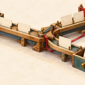 Gouache painting of document cards following a branching wooden track, with one queue blocked by a red barrier and another reaching an output drawer.