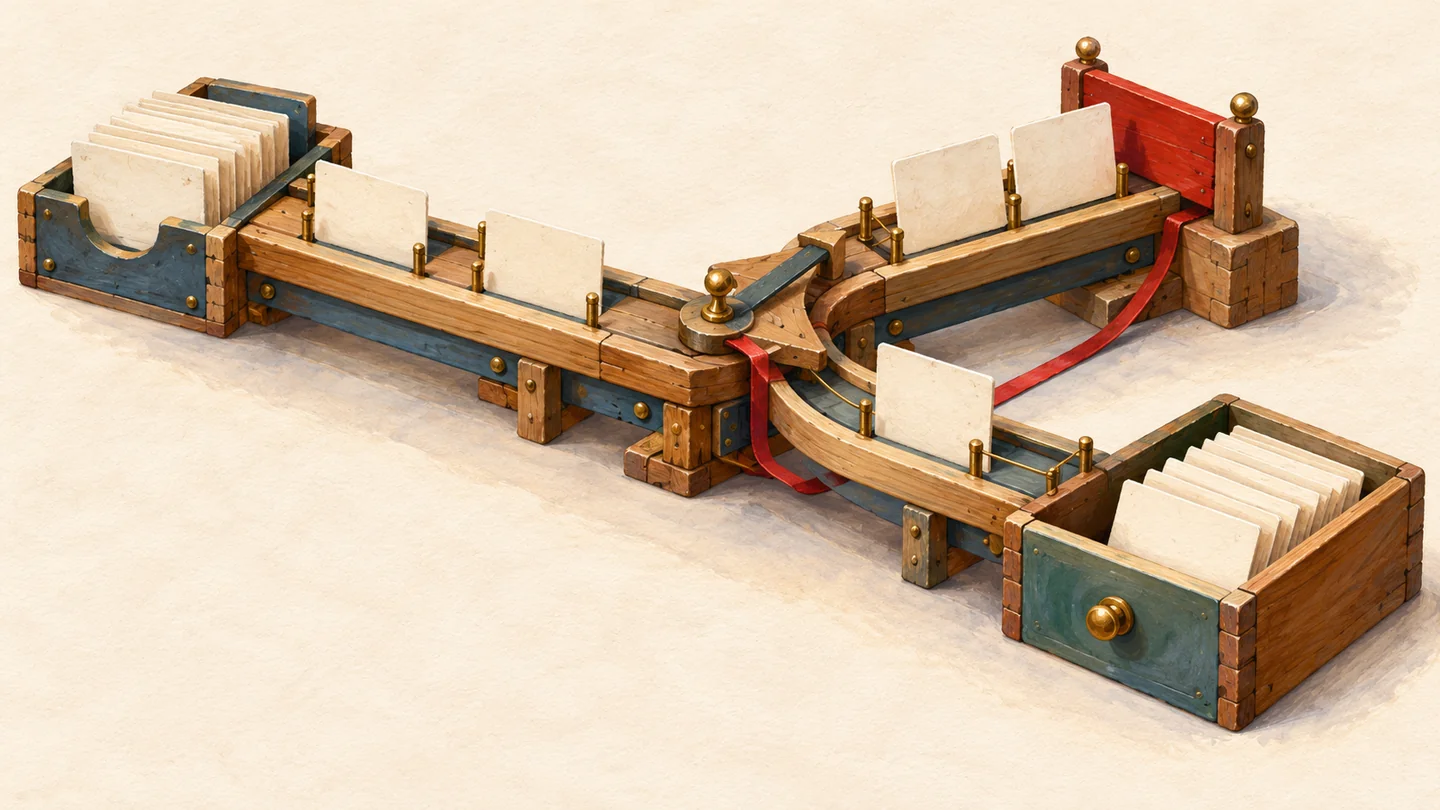 Gouache painting of two diverging wooden tracks, one interrupted by a small red block and one continuing clearly.