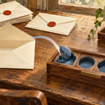 Gouache painting of a stone moving from an open envelope into a fitted compartment in a wooden sorting tray.