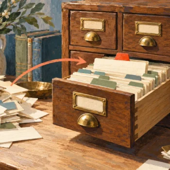 Gouache painting of scattered paper cards leading to a neatly indexed wooden drawer with a red divider.
