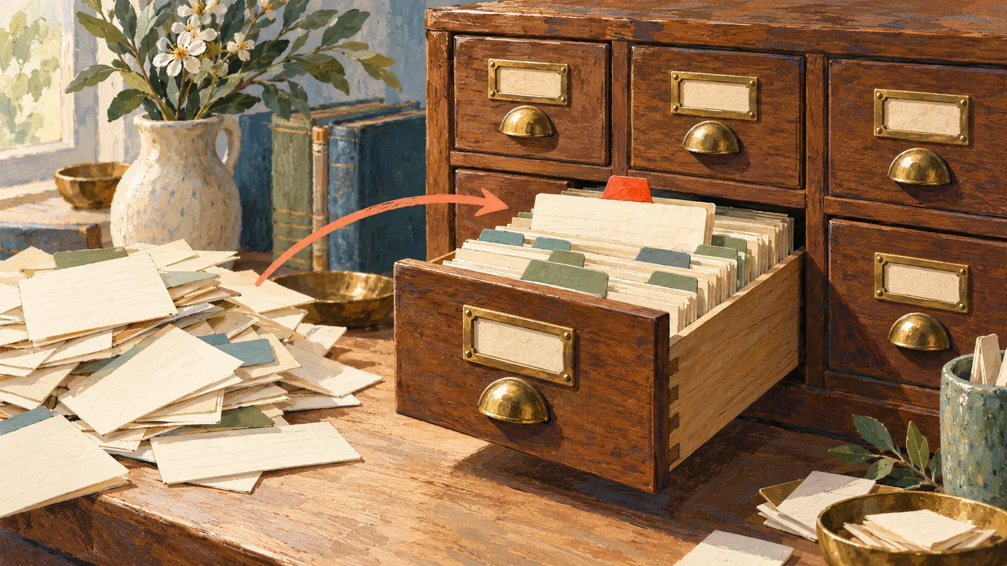 Gouache painting of an orderly wooden index drawer with colored tabs and one selected cream card.