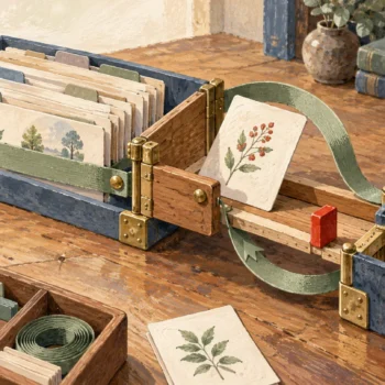 Gouache painting of illustrated cards travelling between two wooden trays on a looping ribbon beside a red stop block.