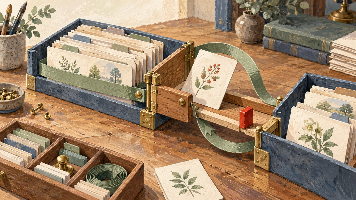 Gouache painting of two shallow trays, one held by a red ribbon and the other containing loosely arranged wooden pieces.