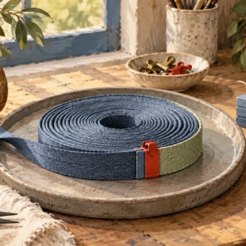 Gouache painting of a coiled measuring ribbon beside two growing stacks of blocks on a craft table.