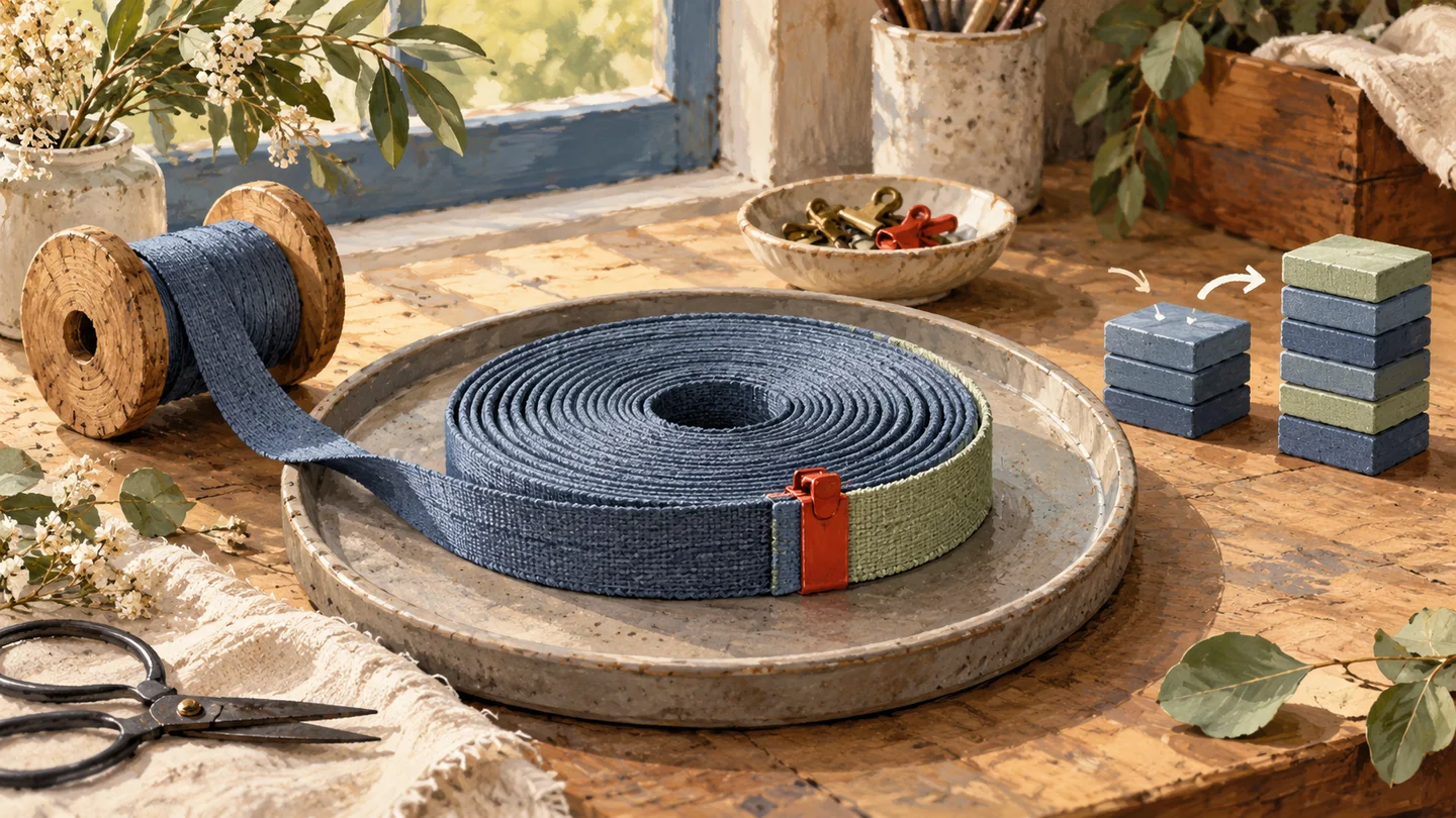 Gouache painting of a short sage ribbon joined neatly to a longer slate-blue coil beside a small growing stack of tiles.