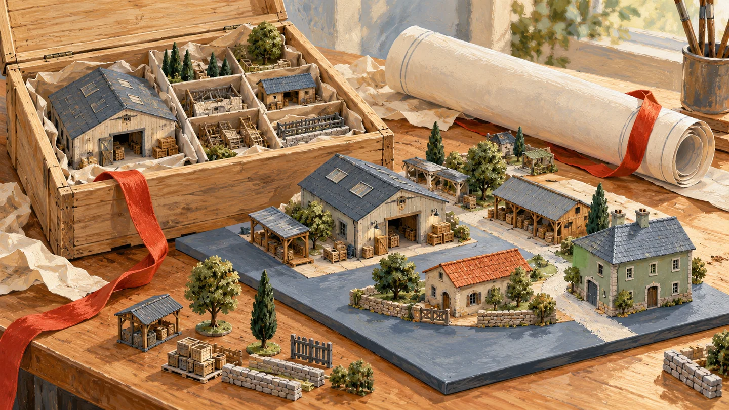 Gouache painting of a compact wooden sample village lifted carefully from an open storage crate.