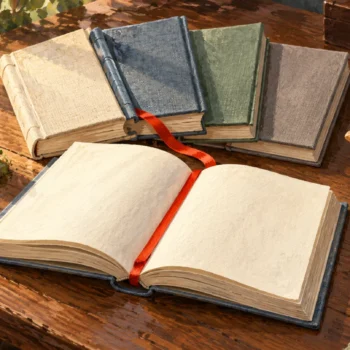 Gouache painting of closed books and an open blank book beside a miniature gateway and branching wooden model.