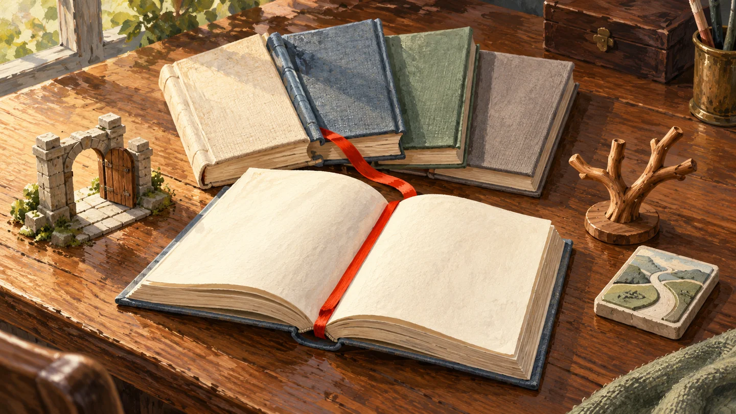 Gouache painting of five closed books fanned around a small wooden bridge, with a single vermilion page ribbon.