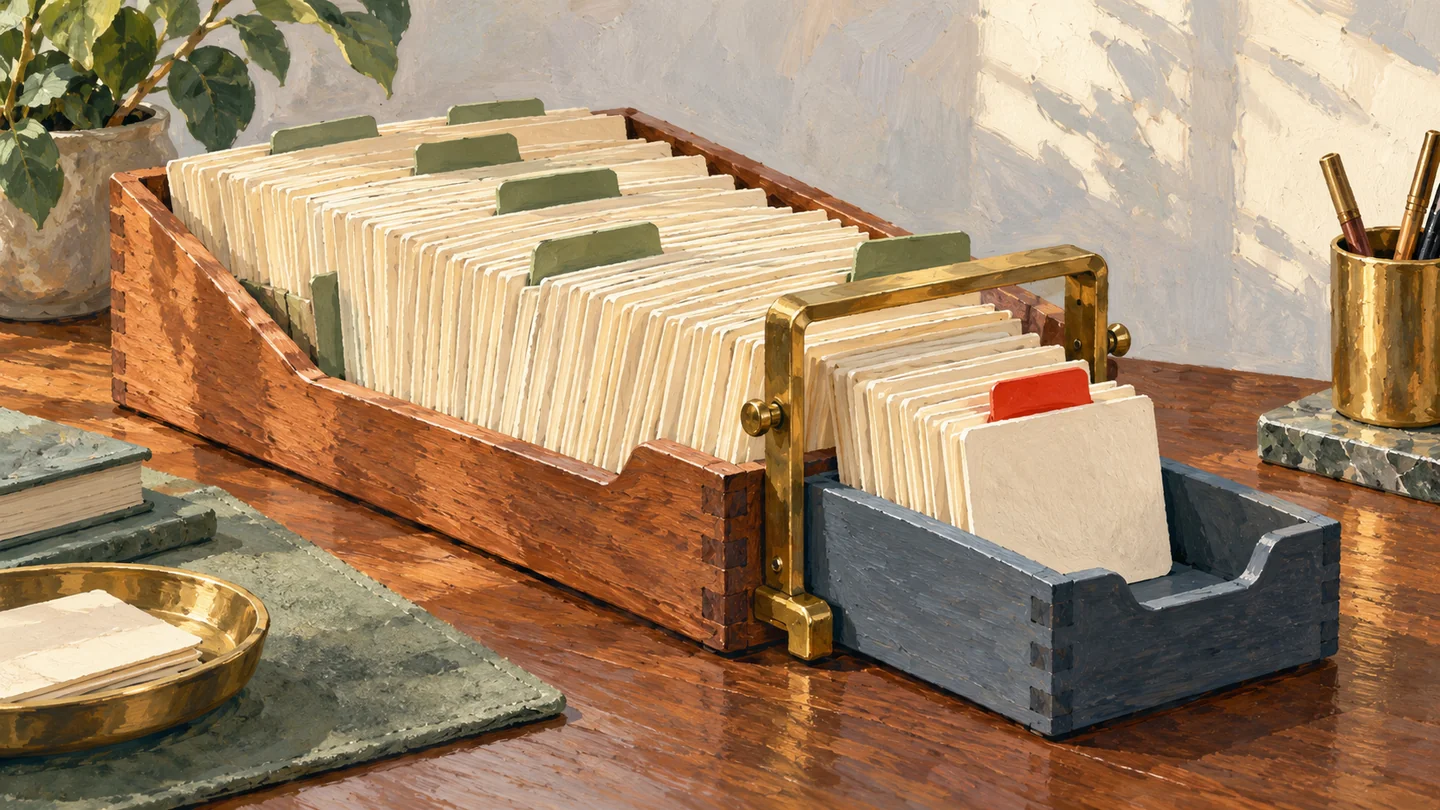 Gouache painting of a fan of blank cream index cards with a small group neatly selected by a red ribbon.